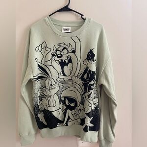 Looney Tunes Sweatshirt Mint Green Men's Sz M Bugs Daffy Taz Wile E Marvin B&W